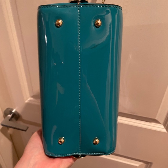 La Terre Purse Patent Turquoise Leather Rhinestones Evening Bag NWTs Crossbody - Picture 5 of 9